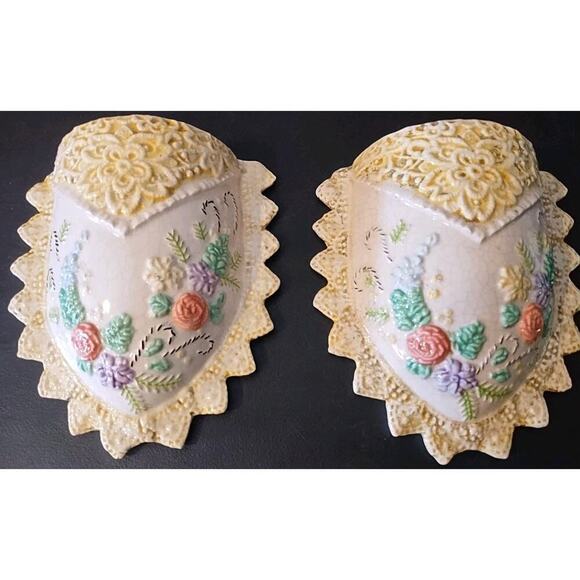 Pair Vintage yellow pink floral Wall Pocket Vases Planters Cottagecore Cottage - Picture 1 of 7